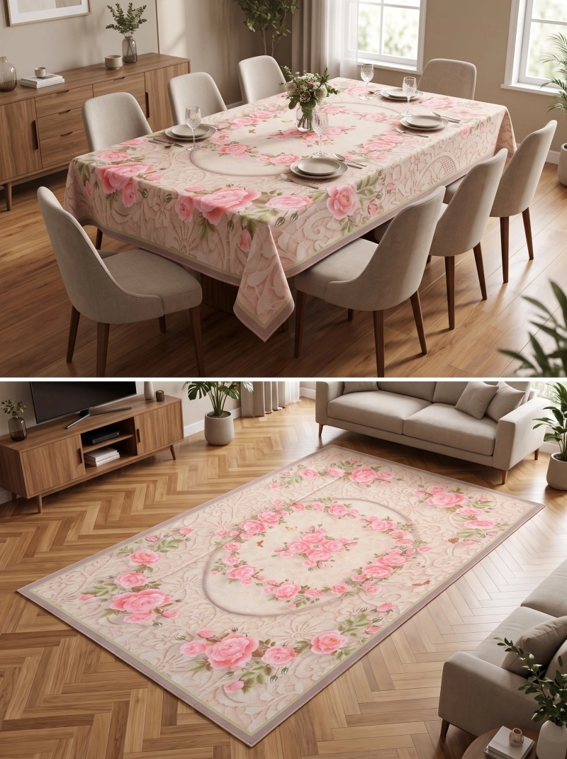 رومیزی 8 نفره ابعاد 155 در 300 طرح چاپی برند رضوانی کد 4001
